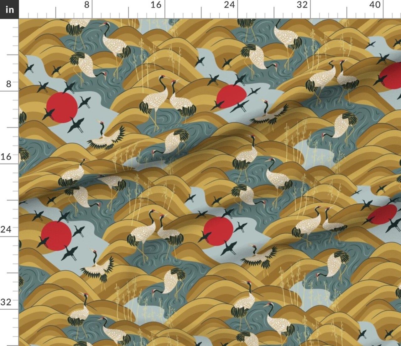 Cranes And Egret Chinoiserie Mustard Gold Sandhill Crane Custom Printed Fabric by Spoonflower Various Fabrics by the Yard or Fat Quarter
